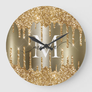 Gold Glitter Drips Monogram Personalized Wall Cloc Large Clock