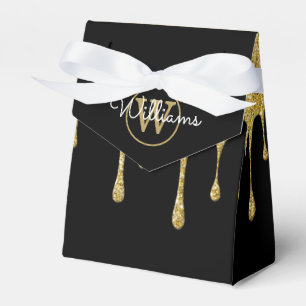 Gold Glitter Drips Monogram Script Name Black Favour Box