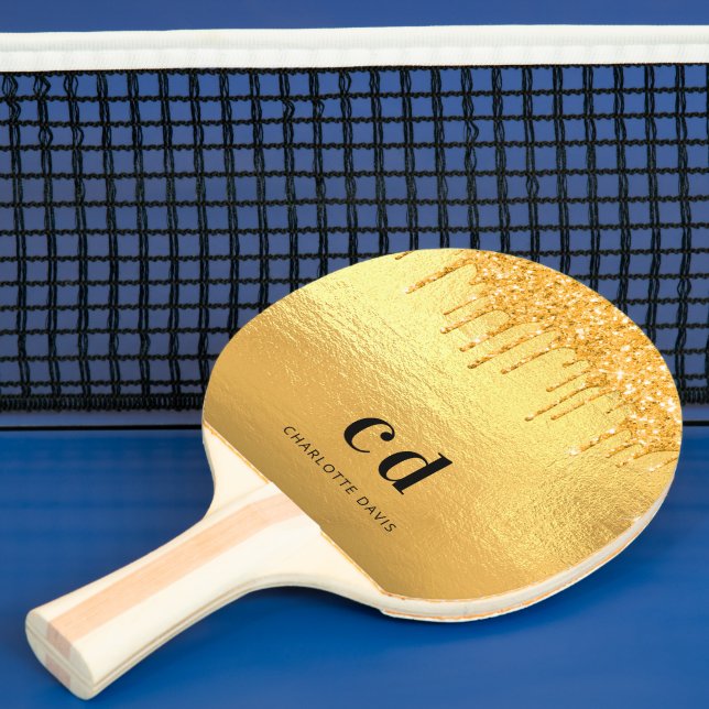 Gold glitter drips monogram sparkle elegant ping pong paddle (Insitu)