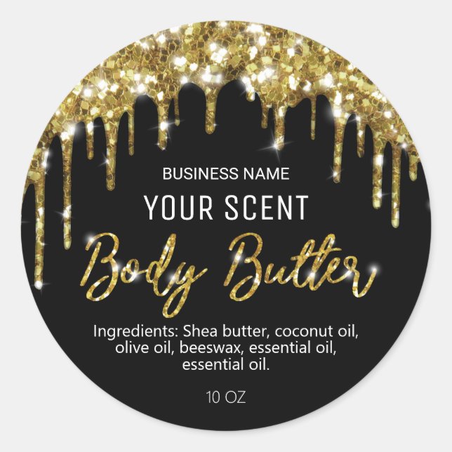 Gold Glitter Drips On Black Body Butter Labels (Front)