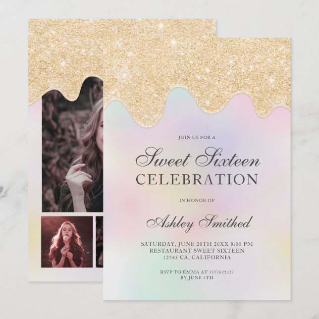 Gold glitter drips pearl photo sweet sixteen invitation (Front/Back)