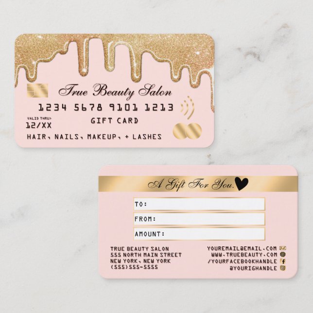 Gold Glitter Drips Pink Credit Gift Certificate (Front/Back)