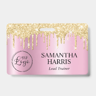 Gold Glitter Drips Pink Shimmer ID Badge