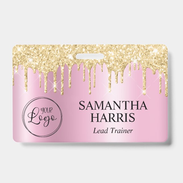 Gold Glitter Drips Pink Shimmer ID Badge (Front)