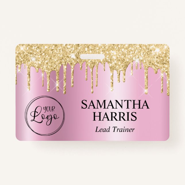 Gold Glitter Drips Pink Shimmer ID Badge (Front)