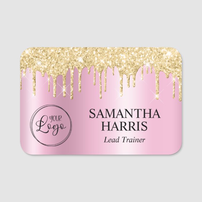 Gold Glitter Drips Pink Shimmer Name Tag (Front)