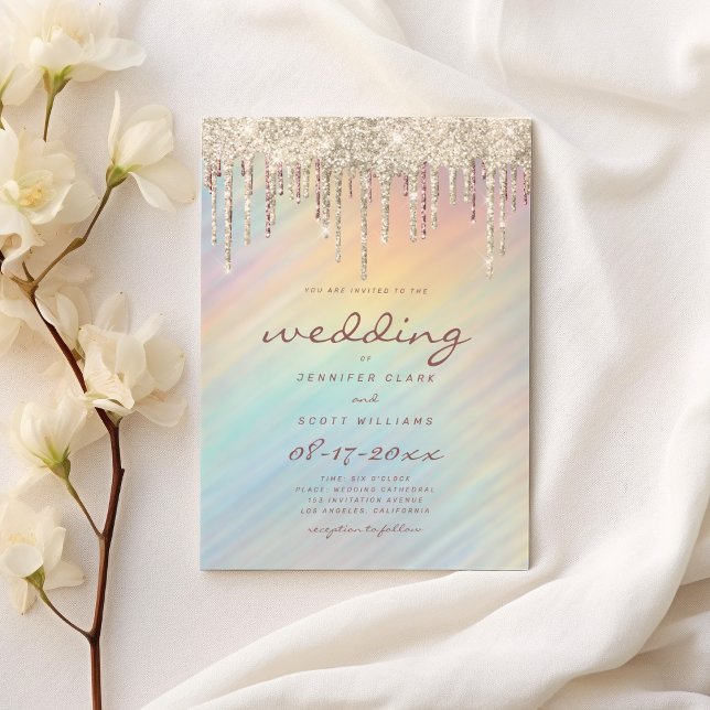 Gold Glitter Drips Rainbow Holographic Wedding Invitation (Creator Uploaded)
