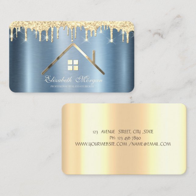  Gold Glitter Drips Real Estate Blue Metallic Business Card (Front/Back)