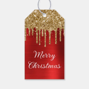 Gold Glitter Drips Red Foil Merry Christmas Gift Tags