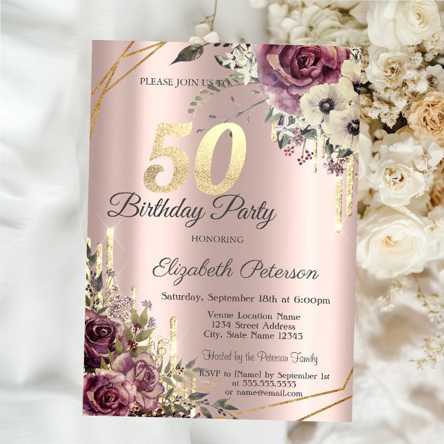 Gold Glitter Drips Rose Gold Floral 50th Birthday  Invitation (Creator Uploaded)