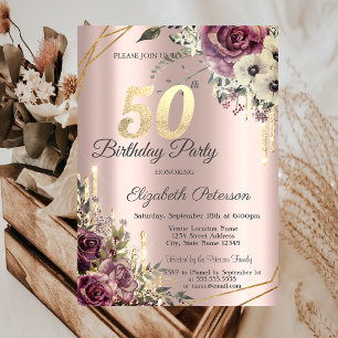 Gold Glitter Drips Rose Gold Floral 50th Birthday Invitation