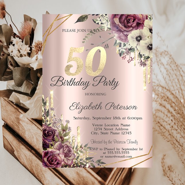 Gold Glitter Drips Rose Gold Floral 50th Birthday  Invitation (Creator Uploaded)