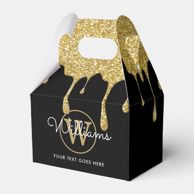 Gold Glitter Drips Script Name Monogram Black Favo Favour Box (Front Side)