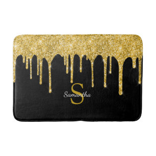 Gold Glitter Drips Sparkle Black Monogram Name Bath Mat