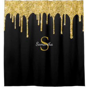 Gold Glitter Drips Sparkle Black Monogram Name Shower Curtain