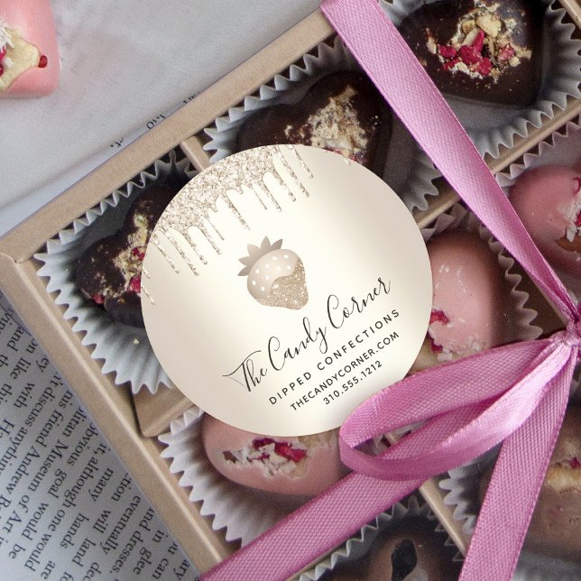 Gold Glitter Drips Strawberry Confection Sweets Classic Round Sticker (Creator Uploaded)