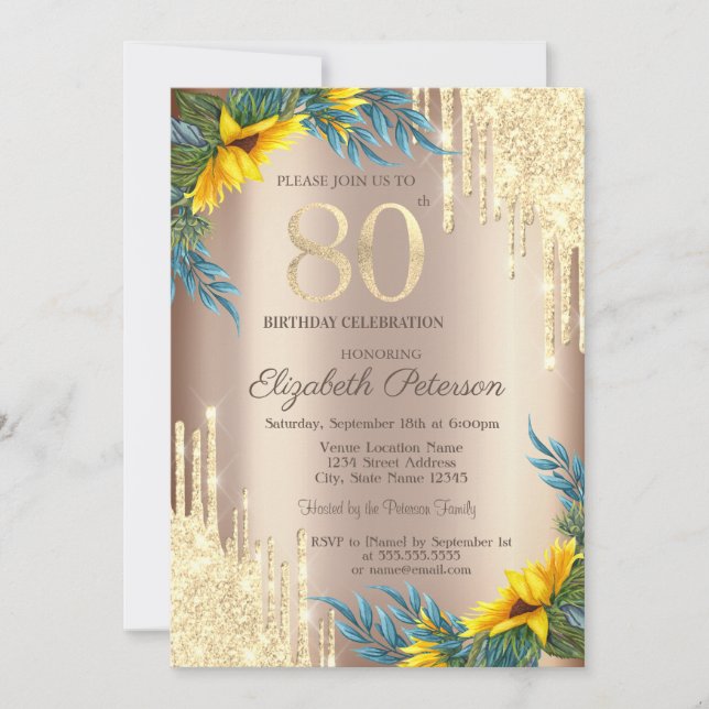  Gold Glitter Drips Sunflowers 80th Birthday Invitation (Front)