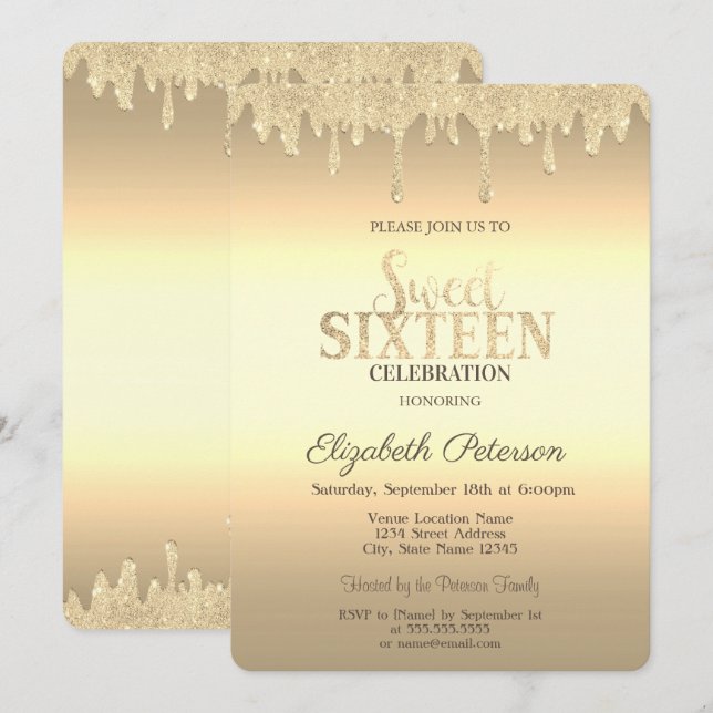 Gold Glitter Drips Sweet 16 Invitation (Front/Back)