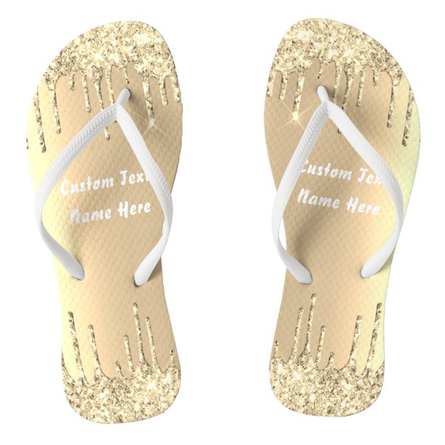 Gold Glitter Drips Text Name Luxury Flip Flops (Footbed)