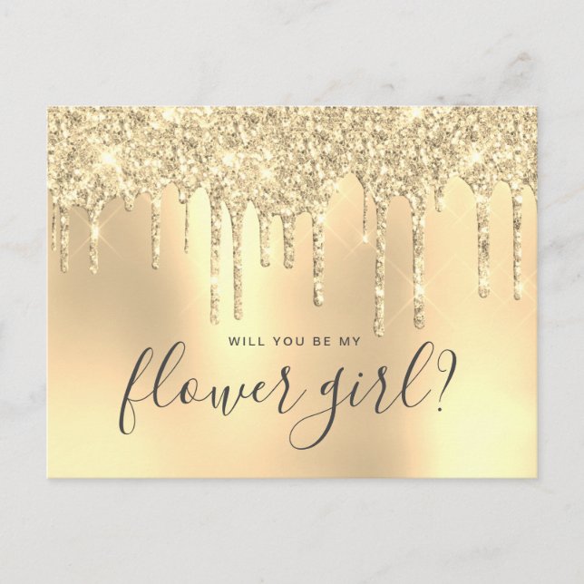 Gold glitter drips will you be my flower girl invitation postcard (Front)