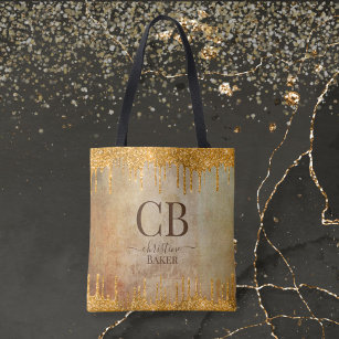 Gold glitter drips with rustic touch personalised tote bag