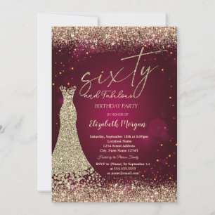 Gold Glitter Dust Border Dress Red 60th Birthday Invitation