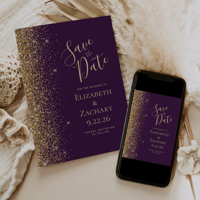 Gold Glitter Edge Dark Purple Save the Date Announcement (Creator Uploaded)