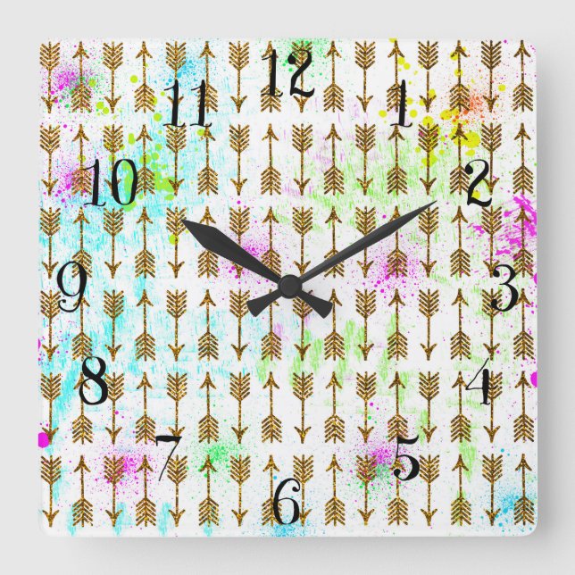 Gold glitter effect arrows watercolors splatters square wall clock (Front)