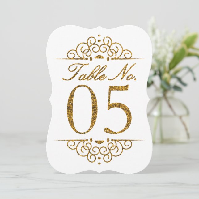 Gold Glitter Effect Wedding Table Number Card (05) (Standing Front)