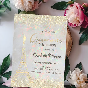 Gold Glitter Eiffel Confetti Opal Quinceañera Invitation