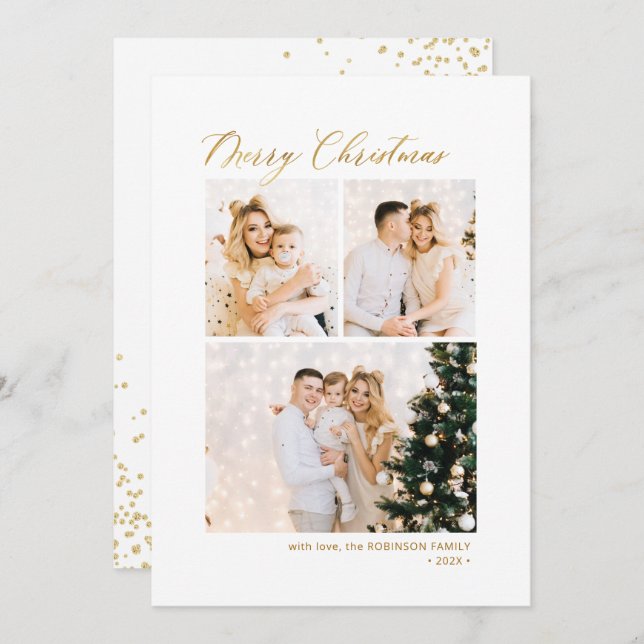 Gold Glitter Elegant 3 Multi Photo Christmas  Holiday Card (Front/Back)