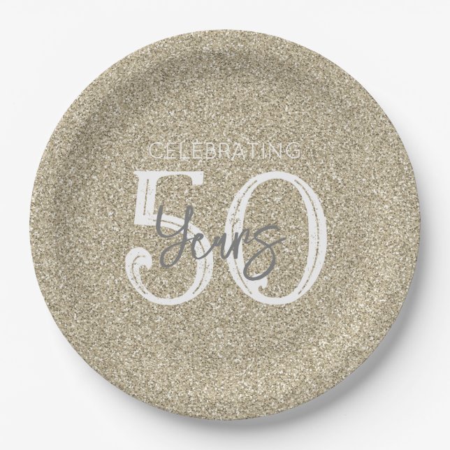 Gold Glitter Elegant 50 Years Golden Anniversary Paper Plate (Front)