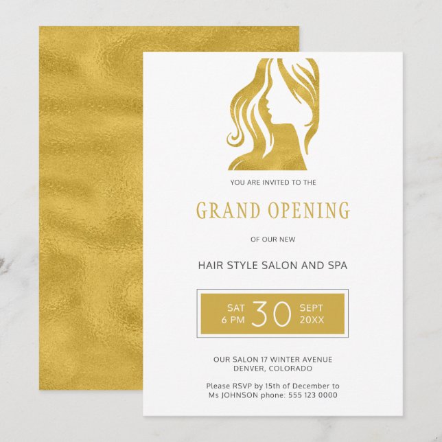 Gold glitter elegant beauty salon grand opening invitation (Front/Back)