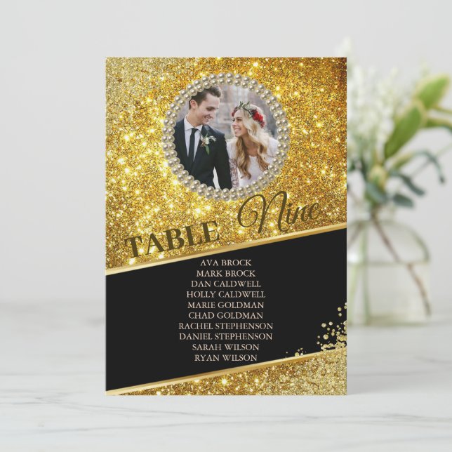 Gold Glitter Elegant Photo Seating Chart Card (Standing Front)