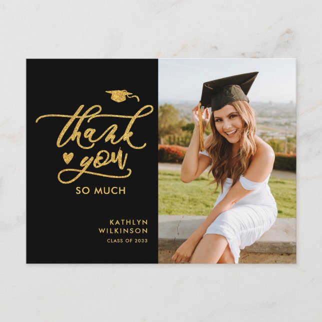 Gold Glitter Elegant Script Graduation Thank You Postcard (Front)