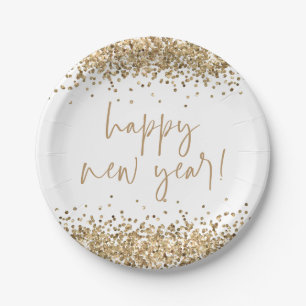 Gold Glitter Elegant Script Happy New Year White Paper Plate