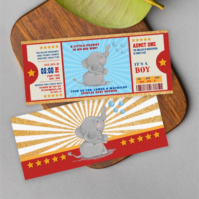 Gold Glitter elephant Ticket Couples Baby Shower Invitation (Creator Uploaded)