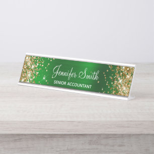 Gold Glitter Emerald Green Foil Desk Name Plate