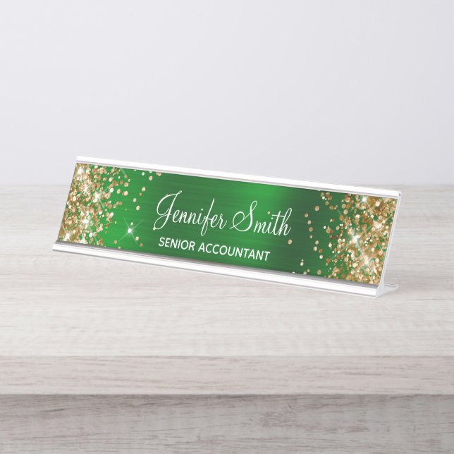 Gold Glitter Emerald Green Foil Desk Name Plate (Front)