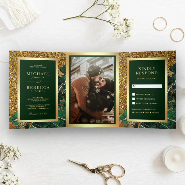 Gold Glitter Emerald Green Marble Photo Wedding Tri-Fold Invitation (Creator Uploaded)