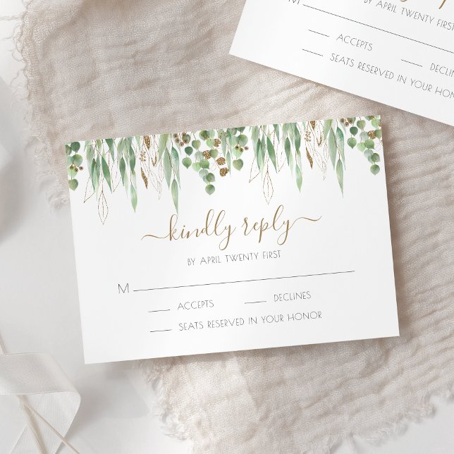 Gold Glitter Eucalyptus Greenery Wedding RSVP Card (Creator Uploaded)
