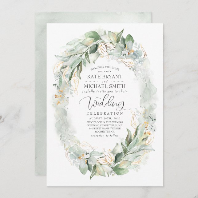 Gold Glitter Eucalyptus Greenery Wreath Wedding Invitation (Front/Back)