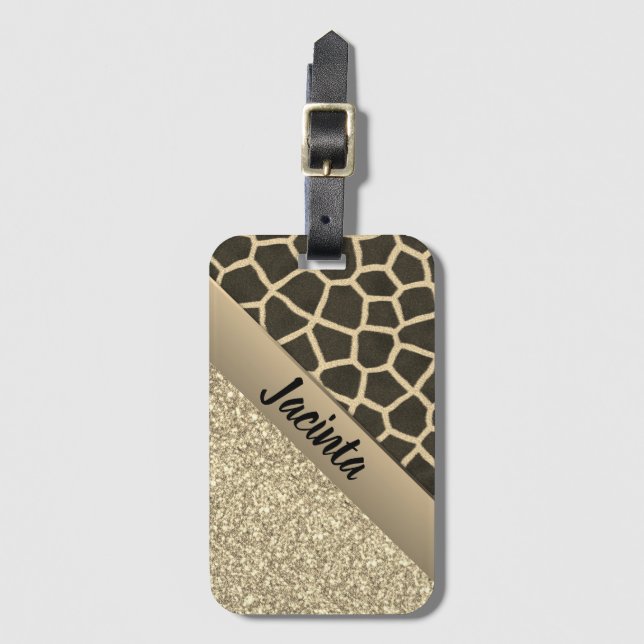 Gold Glitter Exotic Giraffe Print Luggage Tag (Front Vertical)