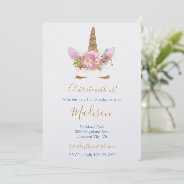 Gold Glitter Eyelash Pink Floral Unicorn Birthday Invitation (Standing Front)