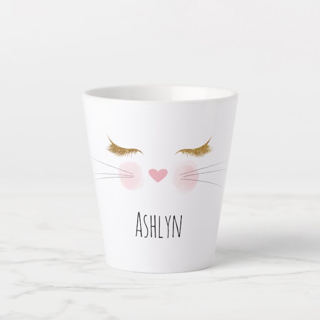 Gold Glitter Eyelashes Pink Nose Kitty Cat Face Latte Mug (Front)
