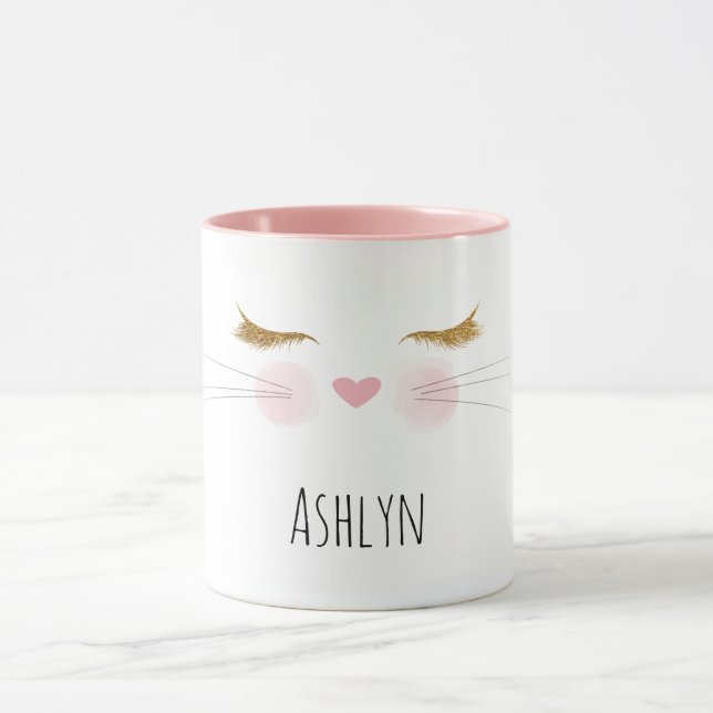Gold Glitter Eyelashes Pink Nose Kitty Cat Face Mug (Center)