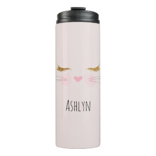 Gold Glitter Eyelashes Pink Nose Kitty Cat Face Thermal Tumbler