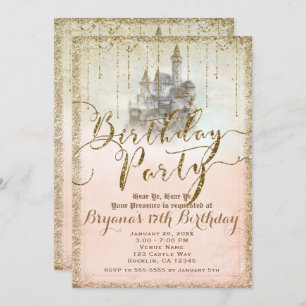 Gold Glitter Fairytale Storybook Castle Birthday Invitation
