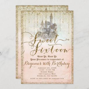Gold Glitter Fairytale Storybook Castle Sweet 16 Invitation