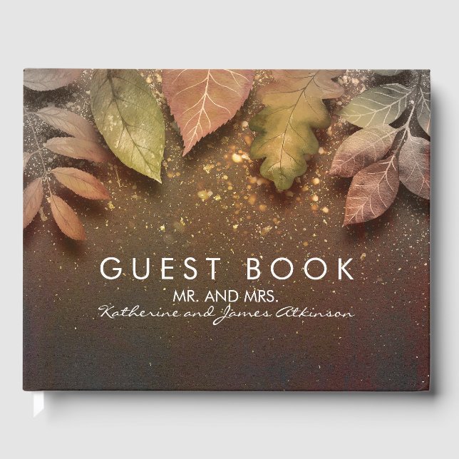 Gold Glitter Fall Leaves Vintage Wedding Guest Book (Front)